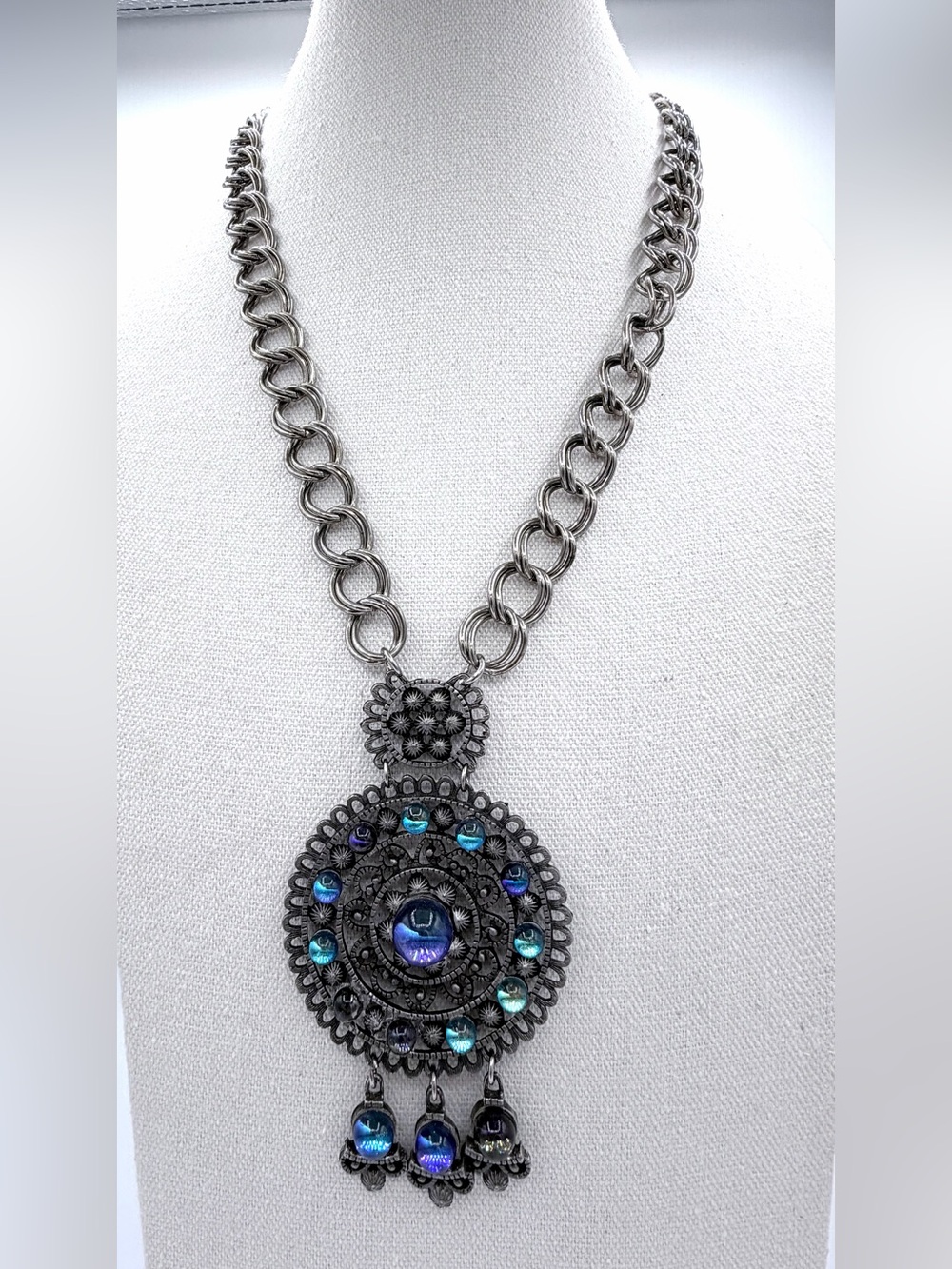 Blue Glass Orb Beaded Medallion Necklace Jewelry Moroccan Boho Hippie Gypsy